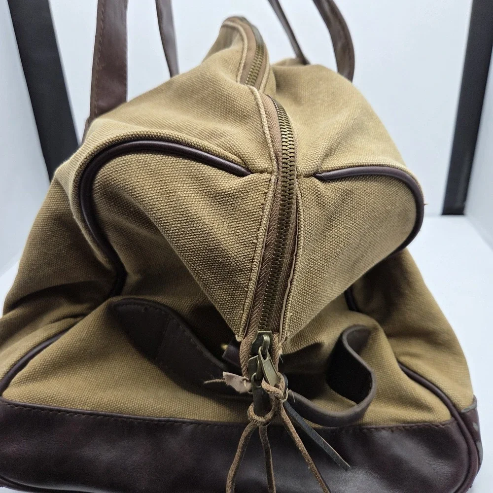Merona Canvas‎ Duffel Bag Brown Tan Faux Leather Weekender Travel Gym